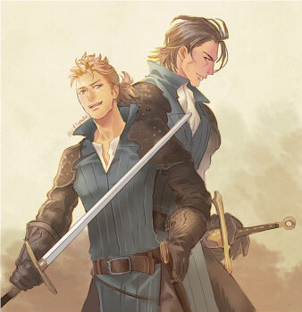 2boys alfyn_greengrass armor belt black_hair closed_mouth commentary_request gauntlets holding holding_sword holding_weapon male_focus mature_male multiple_boys octopath_traveler octopath_traveler_i official_alternate_costume olberic_eisenberg open_mouth regan_(hatsumi) smile standing sword weapon