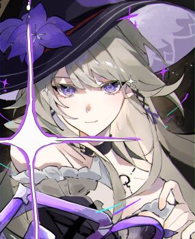 1girl bare_shoulders black_choker brown_hair choker detached_sleeves hat herta_(honkai:_star_rail) highres honkai:_star_rail honkai_(series) looking_at_viewer portrait purple_eyes purple_hat smile solo the_herta_(honkai:_star_rail) witch_hat yayu_yyo430