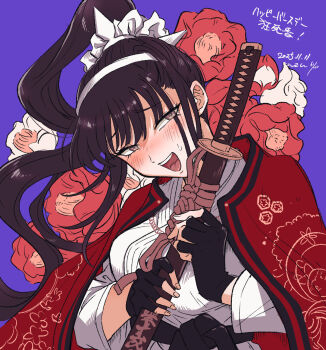 1girl black_gloves black_hair blue_background blush cape commentary_request fingerless_gloves fingernails flower gloves hairband highres japanese_clothes katana long_hair magadori_kyoshika open_mouth ponytail red_cape red_flower simple_background solo sweatdrop sword teeth the_hundred_line_-last_defense_academy- translation_request upper_teeth_only uzu_(uzusio55) weapon white_flower white_hairband