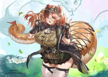 1girl absurdres arknights black_gloves breasts camouflage camouflage_jacket chili_pepper_earrings commentary_request double_v fangs fingerless_gloves flag flower glasses gloves highres holding holding_with_tail jacket large_breasts long_hair looking_at_viewer nun2o open_mouth orange_eyes orange_hair outdoors pointy_ears prehensile_tail reptile_girl round_eyewear semi-rimless_eyewear skirt smile snake_girl snake_tail solo tail teeth thick_tail thighhighs twitter_username under-rim_eyewear upper_teeth_only v visor_cap white_flower white_thighhighs wulfenite_(arknights) zettai_ryouiki