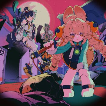 1boy 2girls asymmetrical_sleeves banyue_(zenless_zone_zero) black_hair braid china_dress chinese_clothes commentary detached_sleeves dialyn_(zenless_zone_zero) double_bun dress english_commentary hair_bun highres keishin long_hair long_sleeves looking_at_viewer mismatched_sleeves multicolored_hair multiple_girls open_mouth second-party_source sitting smile thighhighs two-tone_hair white_hair white_thighhighs zenless_zone_zero zhao_(zenless_zone_zero)