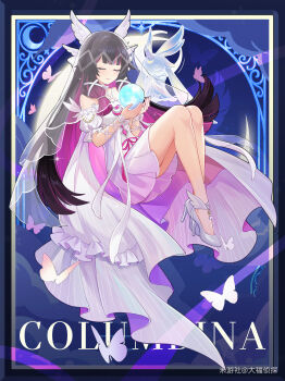 Rule 34 | 1girl, absurdres, alternate costume, bare shoulders, black hair, blunt bangs, bug, butterfly, character name, closed eyes, closed mouth, colored inner hair, columbina (genshin impact), crescent, crystal ball, dafu zhentan, dress, english text, eye mask, full body, genshin impact, gradient hair, hair ornament, head wings, high heels, highres, insect, long hair, low-tied sidelocks, luonnotar (genshin impact), mask, miyoushe watermark, multicolored hair, pink hair, purple hair, sidelocks, smile, solo, two-tone hair, veil, very long hair, watermark, white dress, wing hair ornament, wings