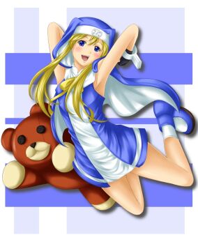 Rule 34 | 1boy, :d, ankle boots, armpits, arms behind head, bare arms, bare shoulders, black gloves, blonde hair, blue background, blue boots, blue eyes, blue veil, blue vest, blush, boots, border, bridget (guilty gear), button eyes, buttons, cuffs, drop shadow, dynamic pose, excited, feet up, fingerless gloves, floating clothes, floating hair, gloves, guilty gear, guilty gear xx, hair between eyes, jumping, ke-lions so, large teddy bear, long sidelocks, looking at viewer, male focus, mars symbol, midair, neck ribbon, nun, open mouth, ribbon, roger (guilty gear), shirt, short hair, short hair with long locks, sidelocks, sleeveless, sleeveless shirt, smile, socks, teeth, trap, turning head, two-sided veil, upper teeth only, veil, vest, white border, white shirt, white socks, yellow ribbon