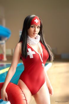Rule 34 | 1girl, black hair, blue eyes, breasts, cleavage, cosplay, cross, hair ornament, innertube, league of legends, lifeguard, long hair, looking at viewer, nail polish, one-piece swimsuit, photo (medium), pool, sivir, swim ring, swimsuit, whistle
