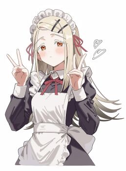 1girl blonde_hair blush commentary_request double_v dress gakuen_idolmaster highres idolmaster long_hair looking_at_viewer maid maid_headdress orange_eyes rudee62421 shinosawa_hiro solo v