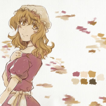 Rule 34 | 1girl, blonde hair, breasts, closed mouth, collared dress, commentary, contrast collar, dress, english commentary, hand on own chest, hat, looking at viewer, maribel hearn, medium hair, mob cap, puffy short sleeves, puffy sleeves, purple dress, sanwa no jako (daikichi club), sash, short sleeves, sleeve cuffs, smile, standing, touhou, white background, white hat, white sash