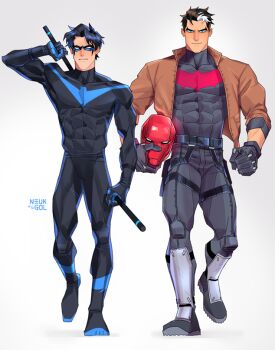 bat_signal batman_(series) batman_symbol black_bodysuit black_gloves black_hair blue_eyes bodysuit brothers brown_jacket dc_comics dick_grayson domino_mask eye_mask gloves grey_bodysuit holding jacket jason_todd male_focus mask multicolored_bodysuit multicolored_hair multiple_boys muscular muscular_male neukgol nightwing open_clothes pants red_hood_(dc) red_hood_and_the_outlaws red_mask shirt short_hair siblings superhero_costume taut_bodysuit two-tone_bodysuit two-tone_hair