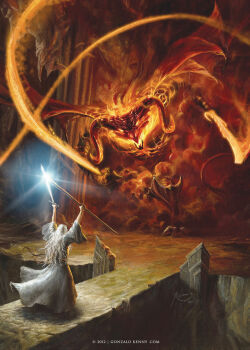 balrog_(tolkien) battle beard breath_weapon breathing_fire bridge demon demon_horns demon_wings energy_sword energy_whip facial_hair fighting_stance fire fire_body gandalf gonzalo_kenny highres holding holding_staff holding_sword holding_weapon holding_whip horns long_beard long_hair old old_man spiked_kneepads staff sword the_lord_of_the_rings tolkien&#039;s_legendarium very_long_beard walking weapon whip wings wizard