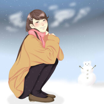 Rule 34 | 1girl, aged up, black pantyhose, breath, brown eyes, brown hair, brown shoes, coat, doujima nanako, full body, hair ornament, hairclip, highres, lapin (drawfrag), long hair, looking at viewer, outdoors, pantyhose, persona, persona 4, pink scarf, scarf, shoes, smile, snowman, squatting, third-party source, yellow coat