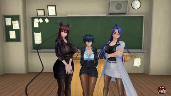 3d 3girls action_taimanin alternate_costume animal_ears blue_hair blush breasts classroom cleavage embarrassed formal_clothes glasses gradient_background high_ponytail huge_breasts igawa_asagi large_breasts lilith-soft looking_at_viewer mizuki_shiranui multiple_girls official_alternate_costume pantyhose ponytail rabbit_ears red_eyes screencap skirt smile standing taimanin_(series) taimanin_asagi taimanin_yukikaze yatsu_murasaki