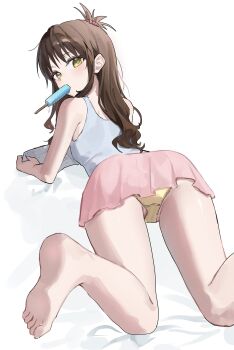 1girl absurdres aco_(aco_7313) ass bare_legs bare_shoulders barefoot brown_hair cameltoe camisole feet food food_in_mouth foot_out_of_frame from_behind highres loli long_hair looking_at_viewer looking_back lying melting_popsicle miniskirt on_stomach panties pink_skirt pleated_skirt popsicle popsicle_in_mouth simple_background skirt soles solo the_pose thighs to_love-ru toes underwear white_background white_camisole yellow_eyes yellow_panties yuuki_mikan