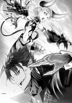 1boy 1girl demon demon_girl demon_horns demon_tail horns monochrome naruse_maria official_art ookuma_nekosuke shinmai_maou_no_testament tail takigawa_yahiro