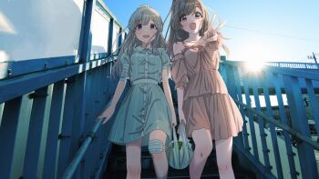2girls :d arms_at_sides bag bandaged_arm bandages bandaid bandaid_on_face bandaid_on_forehead bandaid_on_knee bandaid_on_leg bare_shoulders blue_dress breasts bridge brown_hair building bus car collarbone day detached_sleeves dot_nose dress drills eyelashes food frilled_dress frilled_sleeves frills from_below fruit grey_hair hair_ornament hair_scrunchie hand_up highres holding holding_bag idolmaster idolmaster_shiny_colors large_breasts legs_apart light_blush light_smile long_hair looking_at_viewer medium_breasts medium_dress motor_vehicle multiple_girls open_mouth orange_dress outdoors photo_background pink_dress pink_eyes plastic_bag ponytail power_lines puffy_short_sleeves puffy_sleeves purple_eyes scrunchie short_sleeves smile stairs standing straight_hair striped_clothes striped_dress sun sunlight takada_(pixiv_97599311) tsukioka_kogane v vertical-striped_clothes vertical-striped_dress walking watermelon wing_collar yukoku_kiriko