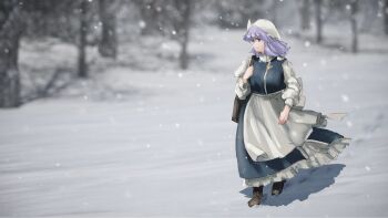 1girl apron bare_tree blurry blurry_background closed_mouth full_body hashtag-only_commentary hat highres koyane_(silver81106) lapel_pin letty_whiterock long_sleeves medium_hair outdoors purple_eyes smile snow snowing solo touhou tree white_apron white_hat