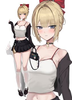 1girl absurdres alternate_costume astra_yao bag belt binu_(nadenade) black_belt black_choker black_jacket black_nails black_shoes black_skirt blonde_hair blush bow bra bra_strap breasts camisole character_charm charm_(object) choker cleavage collarbone commentary_request evelyn_chevalier full_body hair_bow hair_up hand_up highres holding holding_bag jacket kneehighs large_breasts looking_at_viewer midriff mole mole_under_eye nail_polish navel o-ring parted_bangs parted_lips pendant_choker purple_eyes red_bow revision shoes skirt sleeves_past_wrists socks tassel thighs underwear white_bra white_camisole white_socks zenless_zone_zero zoom_layer