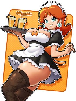1girl apron black_dress black_thighhighs blue_eyes border breasts brown_hair cleavage_cutout clothing_cutout cowboy_shot dress dutch_angle earrings grin jewelry large_breasts long_hair maid maid_headdress mario_(series) nintendo nyazuli orange_background parted_bangs polka_dot polka_dot_background princess_daisy skindentation smile solo standing thick_thighs thighhighs thighs white_border