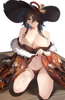 1girl absurdres azur_lane bare_shoulders black_hat blue_eyes breasts brown_kimono brown_panties cleavage commentary_request floral_print floral_print_kimono fur-trimmed_kimono fur_trim georgia_(azur_lane) georgia_(exalted_vibrance)_(azur_lane) hair_over_one_eye hat highres huge_breasts japanese_clothes kimono kneeling lace lace-trimmed_panties lace_trim large_hat long_sleeves looking_at_viewer navel official_alternate_costume panties print_kimono simple_background solo underwear white_background wooden_floor zi_liuluo