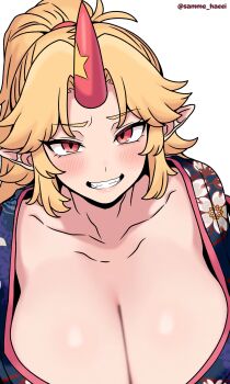 1girl absurdres blonde_hair blush breasts cleavage commentary_request grin half_updo highres horns hoshiguma_yuugi hoshiguma_yuugi_(kimono) huge_breasts japanese_clothes kimono looking_at_viewer medium_hair parted_bangs pointy_ears ponytail red_eyes samme_hacci sidelocks simple_background single_horn smile solo touhou tsurime upper_body white_background
