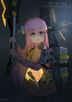 Rule 34 | 1girl, absurdres, blue eyes, bocchi the rock!, death stranding, electric guitar, english text, gotoh hitori, guitar, guitar case, highres, holding, holding guitar, holding instrument, instrument, instrument case, jacket, long hair, pink hair, pink jacket, pleated skirt, scared, simple background, skirt, tearing up, whenthesunrise