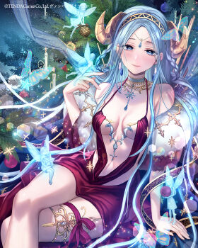 1girl arm_support bare_shoulders blue_butterfly blue_eyes blue_gem blue_hair braid braided_hair_rings breasts bug butterfly candle christmas_ornaments christmas_tree closed_mouth collarbone commentary_request crossed_legs curled_horns demon_girl dress earrings fairy feet_out_of_frame fur_shawl gem gold_thighlet hachi404 hair_rings hairband head_chain highres horns insect jewelry leg_ribbon lens_flare looking_at_viewer medium_breasts non-circular_lens_flare parted_bangs pinecone red_dress red_ribbon revealing_clothes ribbon sasha_(vampire_blood) shawl sitting sleeveless sleeveless_dress smile solo thigh_ribbon thighlet vampire_blood white_gem