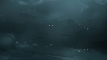 arrapso creature dim_lighting fog glowing glowing_eyes green_theme highres lake_of_voices looking_at_viewer night no_humans non-web_source official_art scenery too_many_eyes