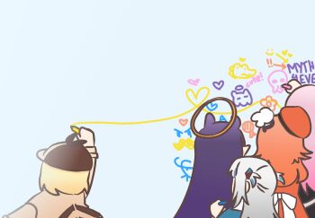 5girls absurdres blonde_hair brown_coat brown_hat coat deadbeat_(mori_calliope) drawing_(action) ebi-chan_(gawr_gura) facing_away from_behind gawr_gura gawr_gura_(1st_costume) halo hat heart heart_of_string highres hololive hololive_english investigator_(watson_amelia) long_hair mori_calliope mori_calliope_(1st_costume) multiple_girls nagi_nyaaa ninomae_ina&#039;nis ninomae_ina&#039;nis_(1st_costume) orange_hair orange_hat pink_hair pointy_ears purple_hair short_hair takanashi_kiara takanashi_kiara_(1st_costume) takodachi_(ninomae_ina&#039;nis) virtual_youtuber watson_amelia watson_amelia_(1st_costume) white_hair yellow_halo