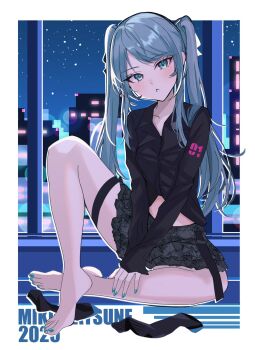1girl barefoot black_garter_straps black_shirt black_socks blue_eyes blue_hair blue_nails blush building city_lights cityscape collared_shirt english_text eyelashes facing_viewer feet floral_print garan_(garan0502) garter_straps grey_skirt hand_on_own_leg hatsune_miku head_tilt highres legs long_hair long_sleeves looking_at_viewer midriff midriff_peek miniskirt neon_lights night night_sky number_print parted_lips pleated_skirt shirt sidelocks skirt sky sleeves_past_wrists socks solo star_(sky) thigh_strap thighs tiptoes twintails unworn_socks very_long_hair vocaloid window