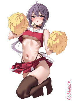 1girl ahoge akebono_(kancolle) bare_shoulders bell black_choker black_panties breasts brown_eyes brown_thighhighs cheerleader choker collarbone commentary_request crop_top cropped_legs ebifurya flower groin hair_bell hair_between_eyes hair_flower hair_intakes hair_ornament hands_up highleg highleg_panties highres jingle_bell kantai_collection long_hair looking_at_viewer navel no_shoes one-hour_drawing_challenge panties parted_lips pleated_skirt pom_pom_(cheerleading) ponytail purple_hair red_flower red_skirt side-tie_panties simple_background skirt small_breasts solo standing standing_on_one_leg thighhighs twitter_username underboob underwear very_long_hair white_background