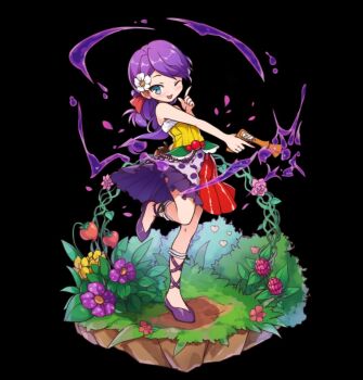 bare_shoulders black_background blue_eyes blush bow breasts dress firing flower folded_ponytail full_body gun hair_bow hair_flower hair_ornament hand_up highres holding holding_gun holding_weapon index_finger_raised ivy leaf leg_ribbon liddy_(merc_storia) long_hair merc_storia merc_storia_art_team official_art one_eye_closed open_mouth outstretched_arm pink_flower purple_hair red_bow ribbon simple_background small_breasts smile solo standing standing_on_one_leg strapless strapless_dress tachi-e weapon white_flower yellow_flower