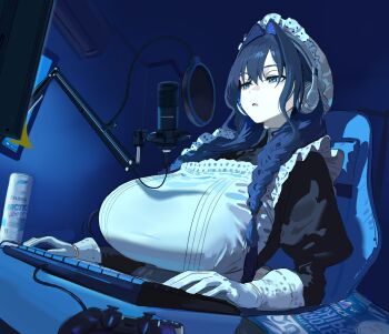 1girl apron blue_eyes blue_hair braid breasts chair computer_keyboard controller dark_room game_controller gaming_chair gloves hair_intakes highres hintobento hololive hololive_english huge_breasts maid_apron maid_headdress microphone monitor ouro_kronii ouro_kronii_(maid) parted_lips pop_filter solo swivel_chair twin_braids virtual_youtuber white_gloves