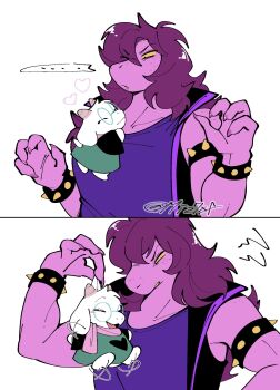 1boy 1girl ^_^ animal_ears armlet bracelet clinging closed_eyes colored_sclera colored_skin deltarune fewer_digits fingernails furry furry_female furry_male glasses goat_boy goat_ears highres jewelry lifting_person medium_hair mini_person miniboy miz7xf open_mouth pink_nails pink_scarf pink_skin purple_hair purple_shirt ralsei round_eyewear scarf sequential sharp_fingernails shirt size_difference smile spiked_armlet spiked_bracelet spikes squiggle susie_(dark_world)_(deltarune) susie_(deltarune) upper_body utdr_(toby_fox) yellow_sclera
