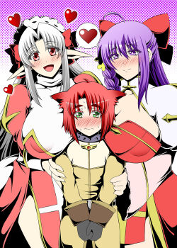 1boy 2girls acolyte_(ragnarok_online) age_difference ahoge arch_bishop_(ragnarok_online) assertive_female black_gloves blush breasts cassock cleavage cleavage_cutout closed_mouth clothing_cutout commentary_request covered_erect_nipples double_arm_hug dress girl_sandwich gloves green_eyes grey_hair heart heart-shaped_pupils hetero high_priest_(ragnarok_online) highres huge_breasts juliet_sleeves long_hair long_sleeves looking_at_viewer masa_ani multiple_girls onee-shota open_mouth pointy_ears polka_dot polka_dot_background puffy_sleeves purple_background purple_eyes purple_hair ragnarok_online red_dress red_eyes red_hair sandwiched shared_speech_bubble short_hair smile speech_bubble spoken_heart symbol-shaped_pupils two-tone_dress white_dress