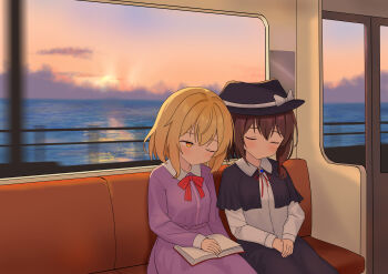 2girls absurdres black_capelet black_hat black_skirt blonde_hair blush book book_on_lap bow brown_hair capelet closed_eyes closed_mouth cloud collared_dress contrast_collar dress dusk hair_between_eyes hand_on_book hand_rest hands_on_own_thighs hat hat_bow highres long_dress long_sleeves maribel_hearn multiple_girls ocean one_eye_closed purple_dress red_ribbon ribbon shiro_(user_1048334293) shirt shirt_ribbon short_hair sitting skirt sleeping sleeve_cuffs touhou train train_interior usami_renko white_bow white_shirt yellow_eyes