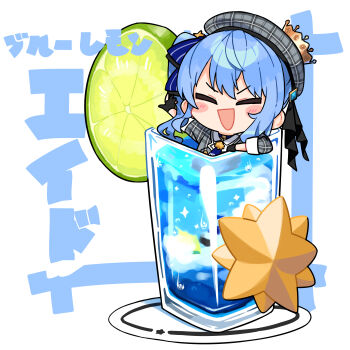 1girl :d absurdres beret black_gloves blue_hair blush_stickers chibi closed_eyes commentary_request cup drink drinking_glass facing_viewer gloves grey_hat grey_jacket hat highres hololive hoshimachi_suisei hoshimachi_suisei_(1st_costume) in_container in_cup jacket kutata long_sleeves mini_person minigirl open_mouth plaid_clothes plaid_hat plaid_jacket side_ponytail simple_background smile solo text_background translation_request virtual_youtuber white_background