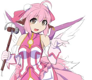 Rule 34 | 1girl, :d, ?, ahoge, animal ears, arrow (symbol), blush, breasts, brown eyes, bun cover, cosplay, dog days, dog tail, dress, earrings, elbow gloves, fake tail, female focus, fun bo, gloves, hair ribbon, head tilt, jewelry, look-alike, looking at viewer, magical girl, millhiore f. biscotti, millhiore f biscotti (cosplay), mystia lorelei, open mouth, pink dress, pink eyes, pink hair, ribbon, short hair, single earring, smile, solo, tail, touhou, wings