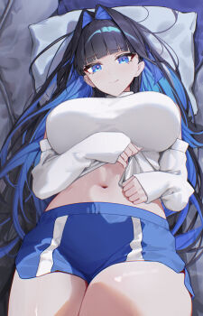 1girl absurdres black_hair blue_eyes blue_hair blue_shorts blunt_bangs blunt_ends breasts closed_mouth clothes_lift colored_inner_hair commentary detached_sleeves earrings english_commentary hair_intakes highres hime_cut hololive hololive_english jewelry large_breasts long_hair long_sleeves looking_at_viewer lying midriff multicolored_hair navel official_alternate_costume on_back ouro_kronii ouro_kronii_(casual) shirt shirt_lift short_shorts shorts sleeveless sleeveless_turtleneck sleeves_past_wrists smile solo turtleneck virtual_youtuber white_shirt yoellim5