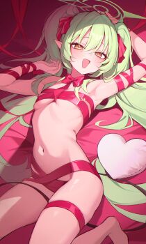 1girl :d absurdres armpits arms_up barefoot bed_sheet blue_archive bow breasts commentary_request green_hair hair_ribbon halo heart heart-shaped_pillow highres loli long_hair looking_at_viewer lying mill_bbang naked_ribbon navel nozomi_(blue_archive) on_back on_bed open_mouth orange_eyes pillow pointy_ears red_bow red_ribbon ribbon small_breasts smile solo tail twintails underboob very_long_hair