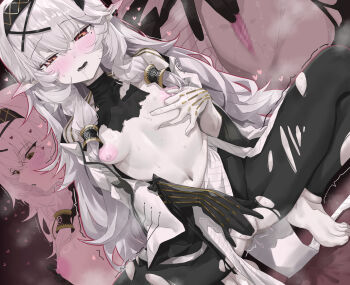 1girl absurdres asymmetrical_gloves barefoot black_gloves black_hairband black_pants black_shirt blue_archive blush bow bow_panties breasts colored_skin female_masturbation gloves hair_between_eyes hairband heart heart-shaped_pupils highres himari_(blue_archive) jacket jeon_(user_ywaw3774) long_hair masturbation mismatched_gloves nipple_stimulation nipples no_bra open_clothes open_jacket open_mouth orange_eyes panties pants pointy_ears saliva shirt solo squatting symbol-shaped_pupils torn_clothes torn_pants torn_shirt turtleneck turtleneck_shirt underwear white_gloves white_hair white_jacket white_skin x-shaped_pupils