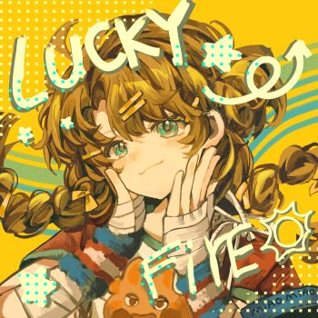 Rule 34 | 1girl, bandaged wrist, bandages, blue eyes, brown hair, chinese commentary, closed mouth, commentary request, double bun, english text, floating hair, hair bun, hair ornament, hairclip, hands on own cheeks, hands on own face, highres, looking at viewer, low twintails, reverse:1999, shirt, short sleeves, smile, solo, spathodea (reverse:1999), sun symbol, t-shirt, twintails, upper body, wristband, yellow background, youmo yinzi