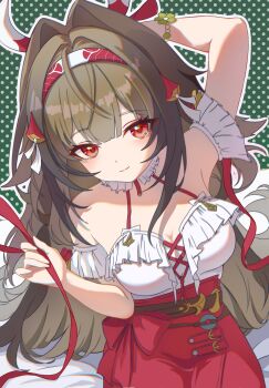 1girl absurdres arm_up bare_shoulders book book_stack bracelet breasts brown_hair chinese_commentary cleavage commentary_request commission frills hair_intakes hairband highres jewelry long_hair looking_at_viewer medium_breasts official_alternate_costume procreate_(medium) red_eyes red_ribbon red_skirt ribbon sitting skirt smile solo xiaojing_xiahua ye_shunguang ye_shunguang_(touch_of_dawnlight) zenless_zone_zero