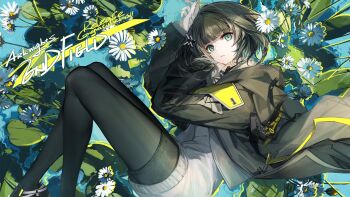 Rule 34 | 1girl, arknights, arknights: endfield, black coat, black hair, black pantyhose, blue eyes, coat, dress, endministrator (arknights), female endministrator (arknights), flower, highres, lying, official art, on back, open clothes, open coat, pantyhose, ribbed dress, second-party source, short hair, skade, solo, sweater, tagme, white sweater