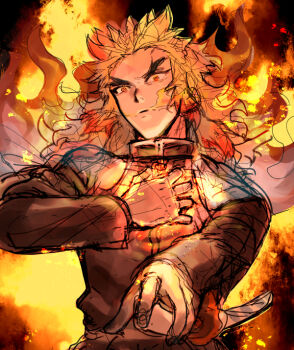 Rule 34 | 1boy, belt, black jacket, blonde hair, breath weapon, breathing fire, cape, closed mouth, colored tips, commentary request, demon slayer uniform, fighting stance, fire, floating hair, forked eyebrows, hand on own chest, hashimoto (yanagi-momo), holding, holding sword, holding weapon, jacket, japanese clothes, katana, kimetsu no yaiba, long hair, long sleeves, looking at viewer, male focus, multicolored hair, red eyes, red hair, rengoku kyoujurou, sheath, sketch, solo, streaked hair, sword, thick eyebrows, two-tone hair, upper body, weapon, white cape, yellow eyes