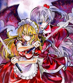 Rule 34 | 2girls, apron, back-to-back, beads, blonde hair, blue eyes, collared shirt, dress, hair beads, hair ornament, highres, holding, holding sword, holding weapon, kabaji, long hair, maid apron, maid headdress, multiple girls, purple wings, red dress, red shirt, ribbon, serious, shinki (touhou), shirt, short sleeves, sword, touhou, touhou (pc-98), traditional media, very long hair, waist ribbon, weapon, white hair, white ribbon, white trim, wide sleeves, wings, yellow eyes, yumeko (touhou)