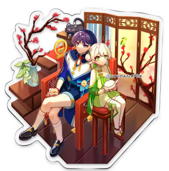 1boy 1girl acrylic_stand_(medium) alternate_costume alternate_hairstyle animal_print animalization aranara_(genshin_impact) arm_cutout bird_print black_cat black_shoes blue_collar blue_eyes blue_flower blue_rose blue_shorts blue_sleeves blunt_ends bow bright_pupils brown_shoes cat chair china_dress chinese_clothes chinese_knot closed_mouth clothing_cutout coattails collar cross-shaped_pupils crossed_legs cup dress eyelashes eyeliner eyeshadow flower genshin_impact gold_trim green_bow green_dress green_eyes green_hair green_sleeves hair_bun half_crown_braid highres holding holding_cup holding_kettle kettle looking_at_viewer looking_past_viewer makeup mandarin_collar multicolored_hair nahida_(genshin_impact) neck_tassel off_shoulder plant plum_blossoms pointy_ears potted_plant purple_hair red_eyeliner red_eyeshadow red_flower rose scaramouche_(cat)_(genshin_impact) scaramouche_(genshin_impact) shirt shoes shorts single_side_bun sitting socks streaked_hair swept_bangs symbol-shaped_pupils tareme tassel thighhighs three-quarter_sleeves tsurime twitter_username uminato undershirt wanderer_(genshin_impact) white_background white_hair white_pupils white_shirt white_socks white_thighhighs wispy_bangs wooden_chair