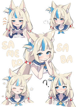 1girl :3 ? absurdres animal_ear_fluff animal_ears asanagi_asu blonde_hair blue_eyes blue_sailor_collar blue_streaks blunt_bangs cat_ears character_name commentary_request controller game_controller hands_on_own_cheeks hands_on_own_face happy_aura head_rest highres holding holding_controller holding_game_controller indie_virtual_youtuber lifebuoy_hair_ornament low_twintails multicolored_hair multiple_expressions puff_of_air sailor_collar sameko_saba simple_background smile smug streaked_hair twintails two-tone_hair v-shaped_eyebrows virtual_youtuber white_background