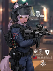 Rule 34 | 1girl, animal ear fluff, animal ears, assault rifle, body armor, bulletproof vest, chinese text, combat helmet, emblem, english text, fang zhenjun, gun, helmet, highres, holding, holding gun, holding weapon, military, mixed-language text, original, police, police uniform, policewoman, republic of china flag, rifle, solo, swat, tactical clothes, tail, taiwan, uniform, walther, weapon, white hair, yellow eyes