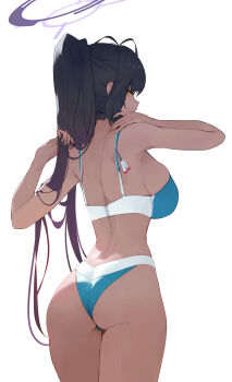 1girl absurdres ass bikini black_hair blue_archive breasts dark-skinned_female dark_skin dokshuri from_behind gradient_hair halo hand_in_own_hair highres karin_(blue_archive) large_breasts long_hair looking_back multicolored_hair orange_eyes ponytail purple_hair simple_background solo swimsuit very_long_hair white_background