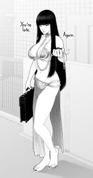 1girl absurdres barefoot black_nails breasts chain chain_leash collar commentary cosplay english_commentary feet greyscale highres holding holding_leash huttslayer_leia jewelry kusujinn large_breasts leash metal_bikini metal_bra monochrome navel pelvic_curtain princess_leia princess_leia_(cosplay) solo star_wars tied_to_twins toes