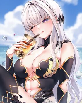 1girl :q black_leotard black_sleeves black_thighhighs blurry blurry_background breasts bubble bubble_tea cleavage closed_mouth cloud commentary cup day detached_sleeves drinking_straw english_commentary hair_ornament highres holding holding_cup indie_virtual_youtuber large_breasts leotard licking_lips long_hair long_sleeves looking_at_viewer navel nyx_amaris one_eye_closed outdoors purple_eyes riria_mona1 sky smile solo thighhighs tongue tongue_out virtual_youtuber white_hair wispy_bangs