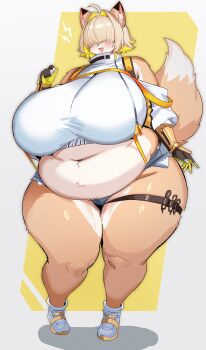 1girl ahoge alternate_form animal_ears belly black_gloves blonde_hair blue_shorts blush breasts covered_eyes crop_top cutoffs denim denim_shorts elegg_(nikke) fat fat_woman fox_ears fox_girl fox_tail furry gloves goddess_of_victory:_nikke hair_intakes hair_over_eyes holster huge_breasts kyuuri muffin_top navel open_mouth plump shirt shoes short_hair short_shorts shorts sleeveless sleeveless_shirt smile solo standing suspender_shorts suspenders tail thick_thighs thigh_holster thigh_strap thighs white_shirt wide_hips